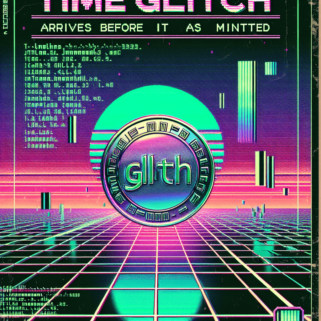 Poster template for TIMEGLITCH ($GL1TCH): ASCII-heavy layout; center a chrome coin with GL1TCH; background = gridded floor receding, vaporwave sunset, broken roman numerals orbiting; overlay terminal UI elements (<marquee>, <blink>, <center>), green phosphor text; datamosh edges, scanlines, neon teal-magenta; space for tagline 'arrives before it is minted'.