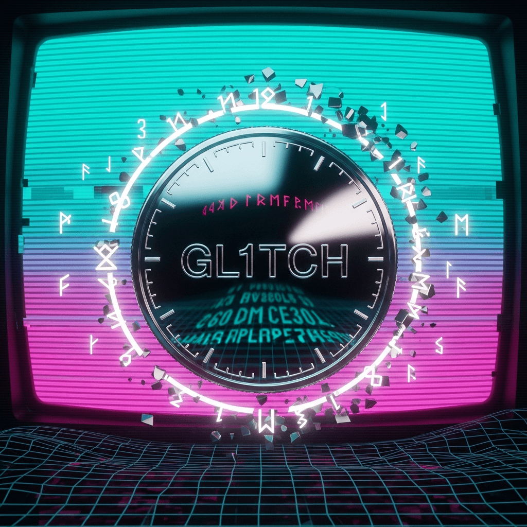 Chrome coin inscribed with GL1TCH, wrapped in a halo of broken clock numerals; retro CRT UI background with teal-magenta vaporwave palette, scanlines, datamosh glitches, ascii runes orbiting; faint marquee text reflections and warped grid floor; cinematic lighting, high contrast, cyberpunk poster vibes.