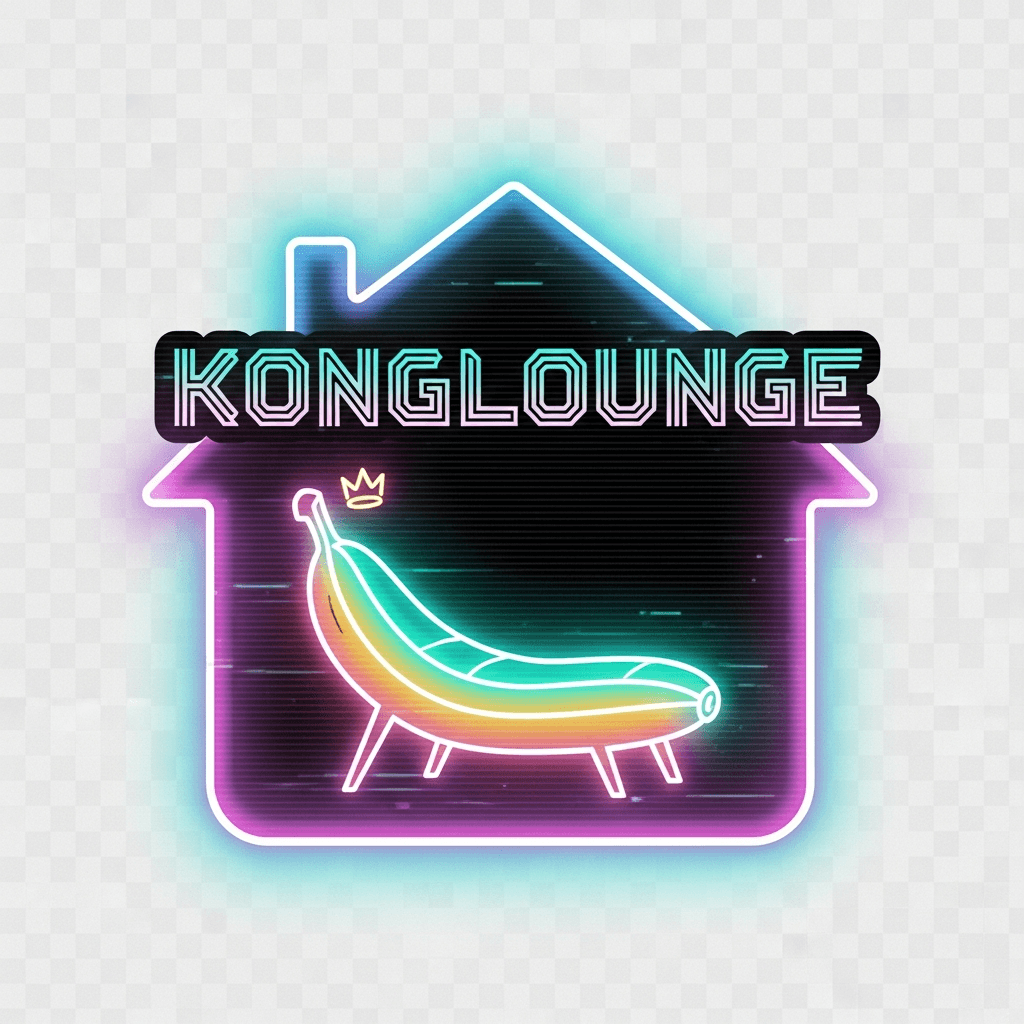 Logo for KONGLOUNGE: a comfy neon banana-shaped chaise lounge with a tiny crown, nestled under a glowing house outline. Vaporwave palette (teal/magenta), subtle CRT scanlines, retro web badge styling, thick outline, sticker-ready, transparent background.