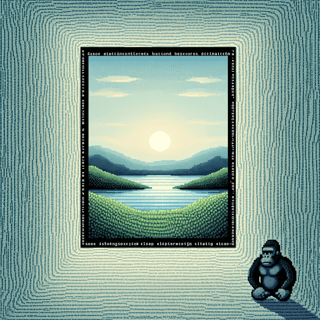 An abstract ASCII art interpretation of a digital sanctuary or a 'chill space'. It should feature elements like calm, flowing lines, perhaps a simple representation of a window looking out onto a serene, pixelated landscape. Use soft, muted tones if color is implied, focusing on simplicity and peace. Maybe a tiny, pixelated gorilla meditating in a corner.