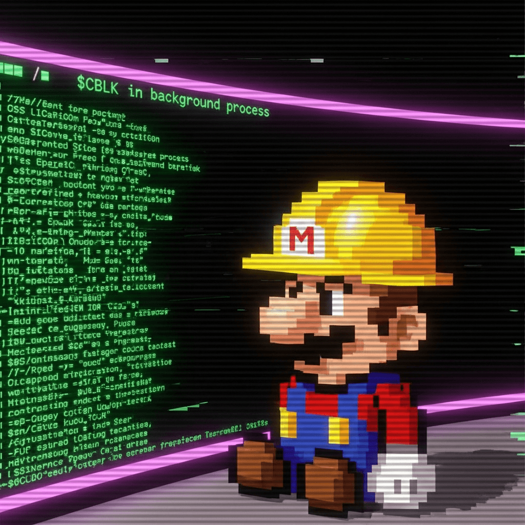 A heavily glitched, low-res sprite of Mario wearing a hard hat instead of a cap, sitting in front of a terminal displaying endless green code scrolls ($CBLK in background process). Frame it with decaying CRT scanlines and neon magenta highlights. The aesthetic must scream 'reclaimed legacy code hero'.