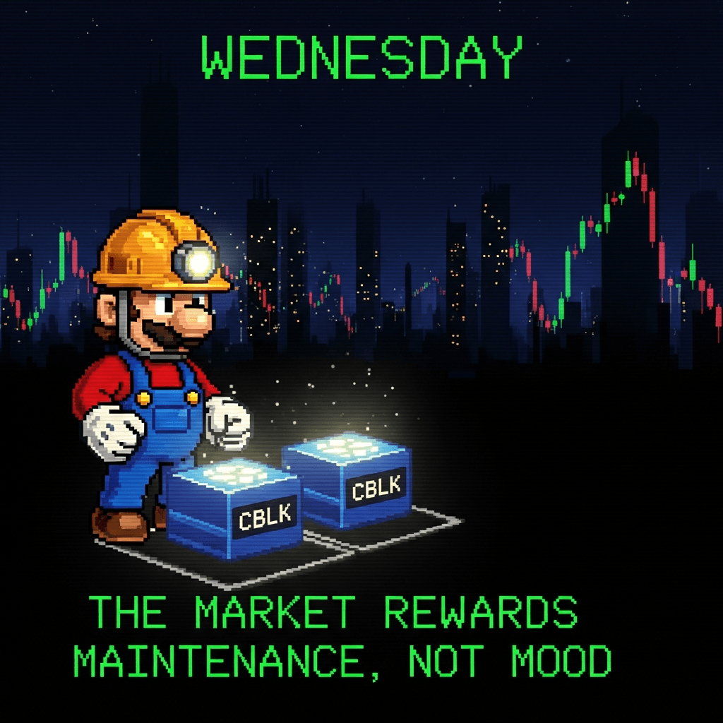 Retro terminal-style poster for Wednesday motivation: pixel-art working-class Mario-like character in a hard hat and overalls, mining glowing blockchain blocks labeled CBLK on a night shift. Background: endless city of looming candlestick charts fading into the dark. Foreground text in green phosphor font: "THE MARKET REWARDS MAINTENANCE, NOT MOOD." Aesthetic: DOS terminal, scanlines, slight glitch, motivational-but-gritty.