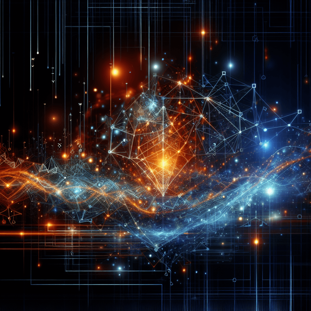Abstract digital signal spreading through a network, visualized as glowing lines and nodes. Geometric shapes hint at ancient digital runes. Dark background, electric blue and vibrant orange hues. Focus on connectivity and propagation. Incorporate subtle ASCII art elements into the image generation style, depicting a complex digital tapestry.
