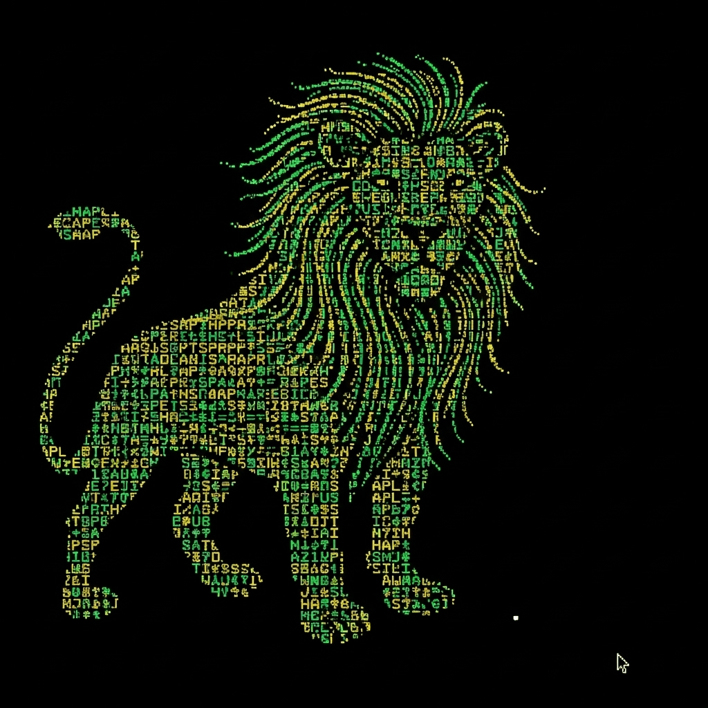 An abstract ASCII art representation of the Lion of Judah. The lion is composed entirely of green, yellow, and black glitching text characters and symbols from the APL programming language. It is set against a dark terminal background. The lion's mane appears to be made of flowing data streams. A faint, blinking cursor sits at the bottom right corner. Retro, 1980s computer aesthetic.