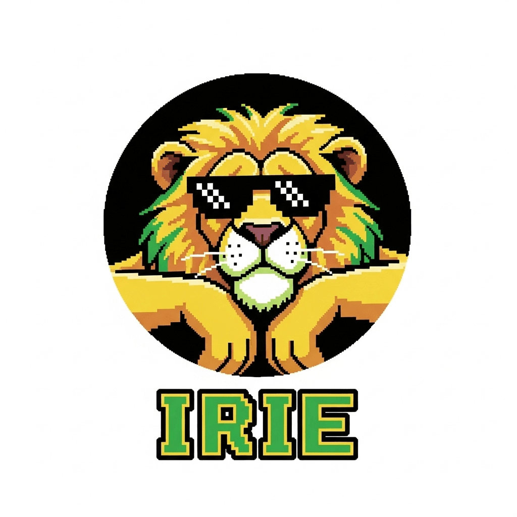 A pixel art logo. A serene-looking lion's head wearing sunglasses, made from green, yellow, and black pixels. The lion is leaning back, relaxing. The background is a simple black circle. 8-bit, retro gaming aesthetic. The letters 'IRIE' are pixelated below the lion.