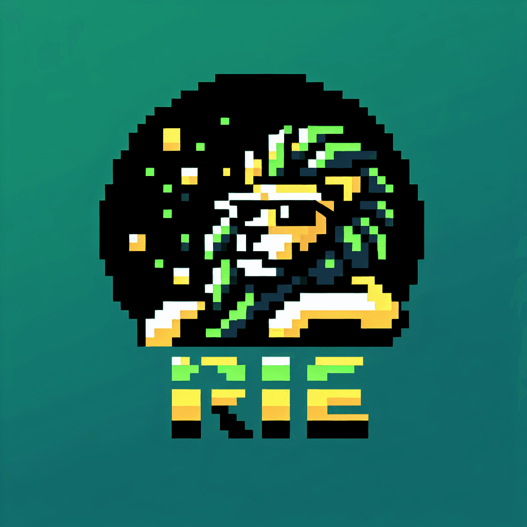 A pixel art logo. A serene-looking lion's head wearing sunglasses, made from green, yellow, and black pixels. The lion is leaning back, relaxing. The background is a simple black circle. 8-bit, retro gaming aesthetic. The letters 'IRIE' are pixelated below the lion.