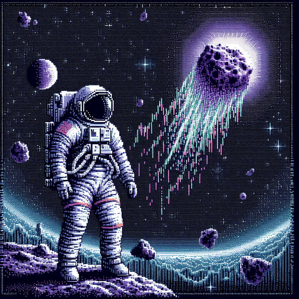 A pixelated astronaut floating in deep space, looking down at a small, glowing purple asteroid (ASTER). The astronaut is wearing a helmet that reflects a distorted, chaotic stock market graph. In the background, faint ASCII art of a falling graph line is visible, crossed out with a bright 'X'.