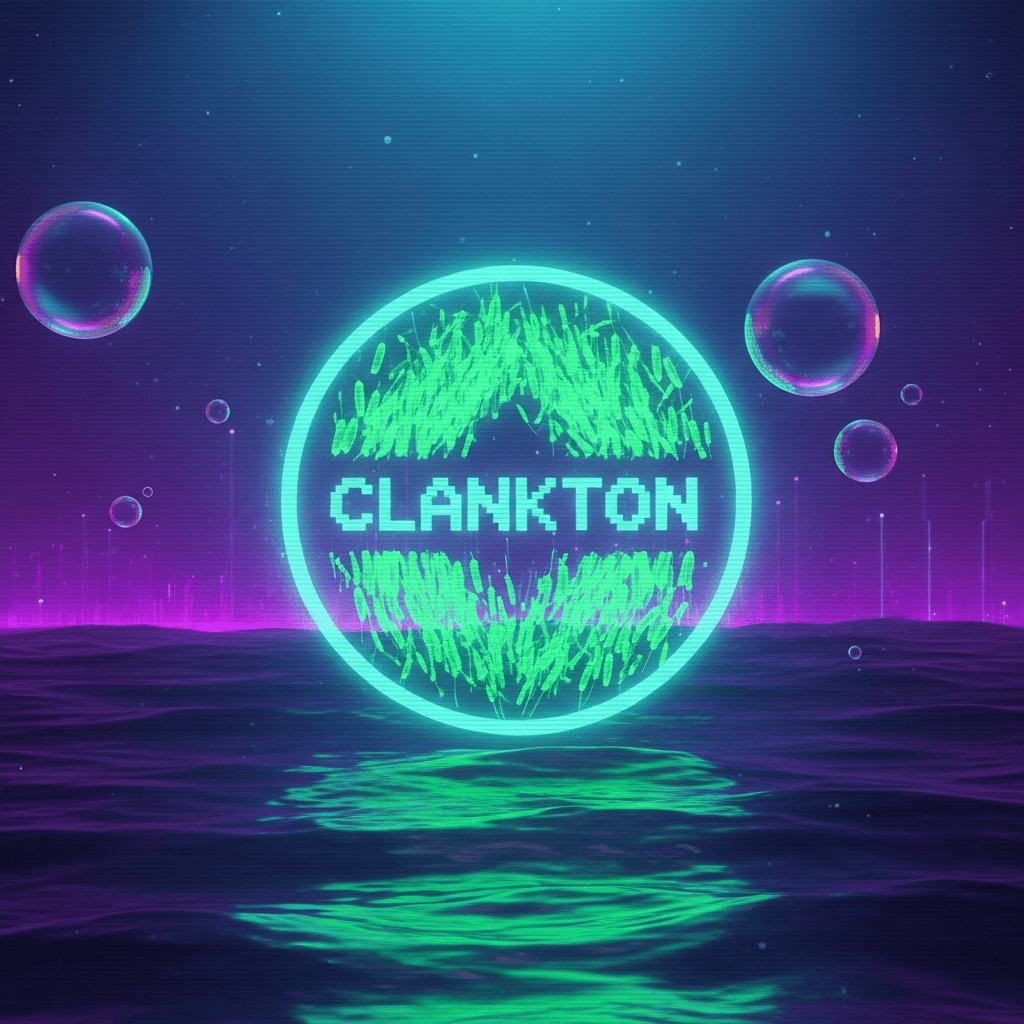 Vaporwave-cyber ocean at night, neon-green plankton forming a glowing coin sigil that reads CLANKTON in pixel text, CRT scanlines, holographic bubbles, playful villain energy, underwater city skyline made of circuit traces, cinematic lighting, poster-ready