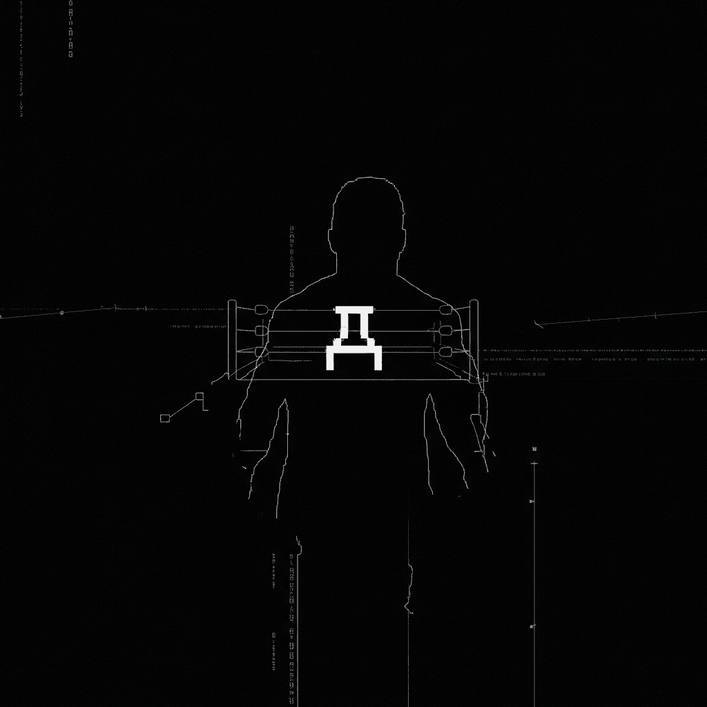 A minimalist, almost empty screen. A single, pixelated, glitching '␀' symbol at the center, surrounded by faint, fragmented ASCII outlines of a wrestling ring or a celebrity silhouette. The background is a deep black digital void, with subtle, barely visible data streams flowing into it. Retro digital art, lo-fi aesthetic.