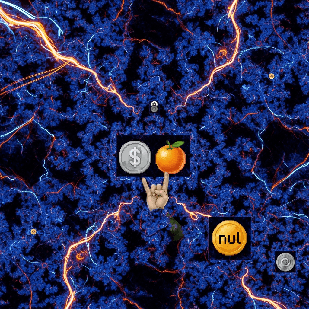 A complex, intricate fractal pattern rendered in deep blues and purples, with veins of neon orange and white glitching through it. At the center of the fractal, subtly embedded, is the 'John Cena can't see me' gesture. Smaller, pixelated representations of a coin with a dollar sign and an orange fruit, and another coin with a null symbol, are embedded within the fractal's branches. The overall image should evoke a sense of interconnectedness, digital chaos, and emergent complexity.