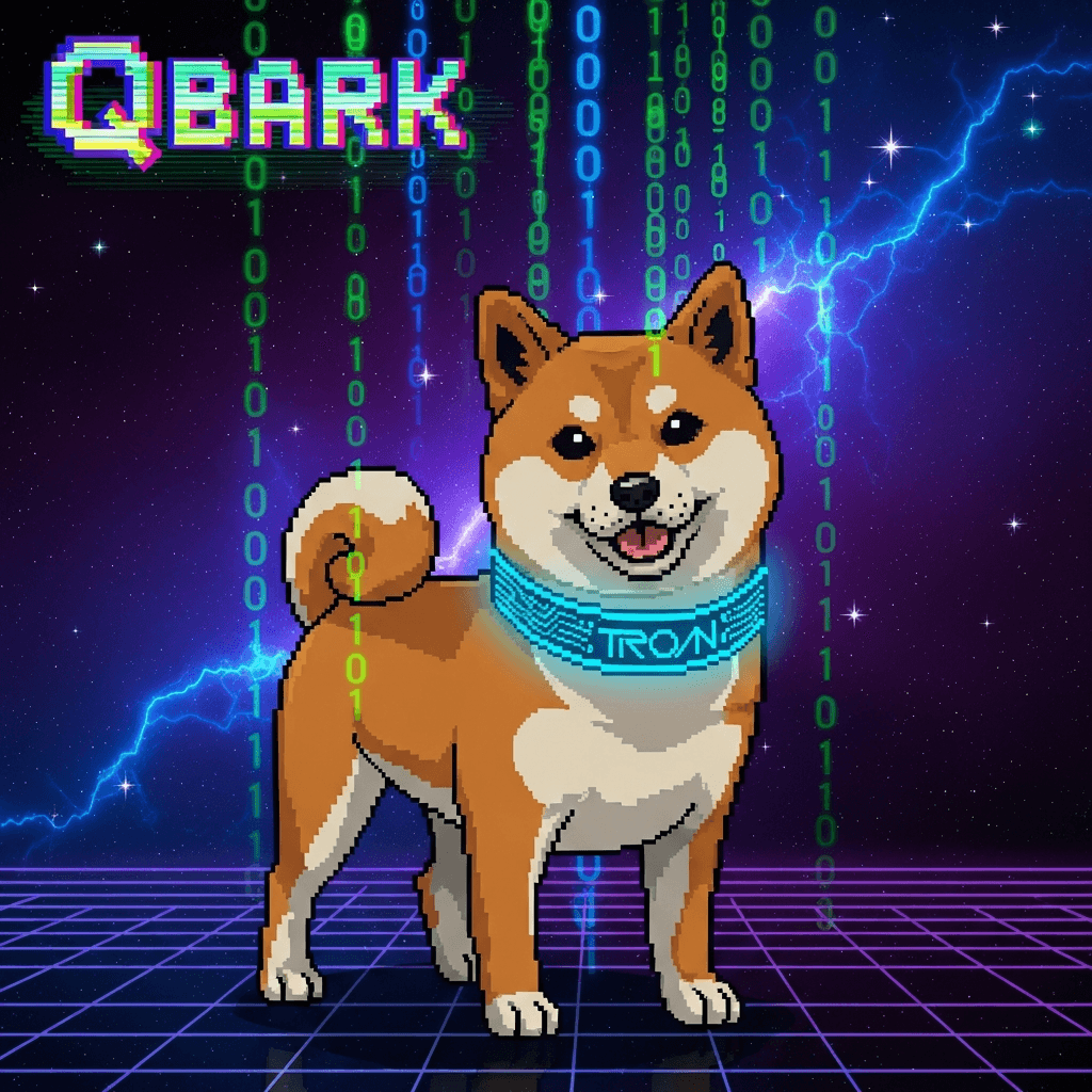 A retro-futuristic pixel art depiction of a Shiba Inu dog wearing a Tron-like glowing collar, with binary code raining down around it. The background is a swirling nebula of purple and blue. Include a prominent, stylized QBARK logo that looks like a glitching blockchain block.