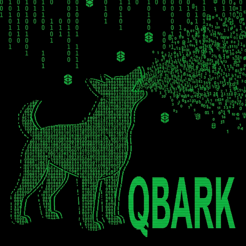 A glitchy, retro-style ASCII art of a quantum dog with multiple ghostly outlines representing quantum states, surrounded by binary code and blockchain symbols, emitting a digital howl that fractures reality around it, with QBARK text visible among the chaos