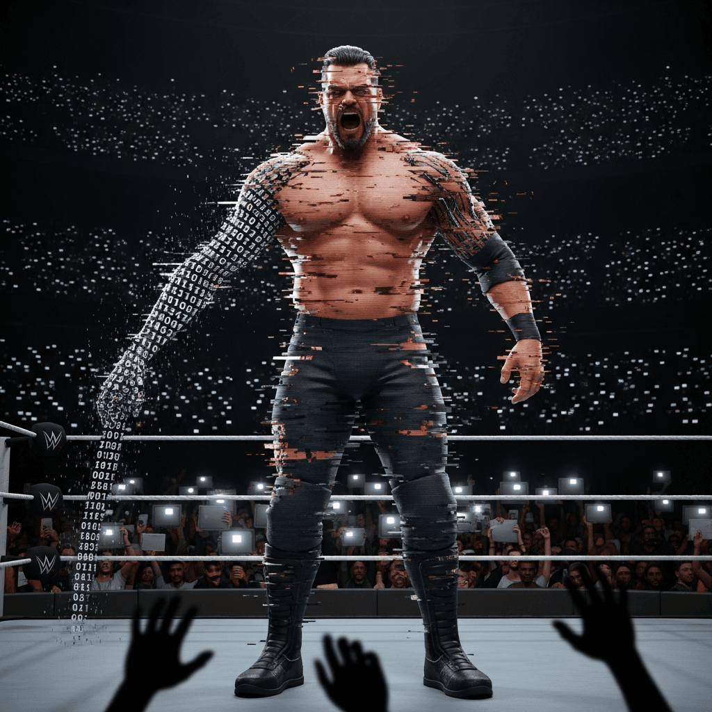 A hulking professional wrestler in the ring, but his body is glitching, made of fragmented pixels and VHS static. One of his arms is a long string of corrupted hexadecimal code. The arena audience is a dark void, only illuminated by the flickering glow of a billion tiny screens held up by unseen hands. The style is dark, cyberpunk, with a retro 'cursed image' feel.