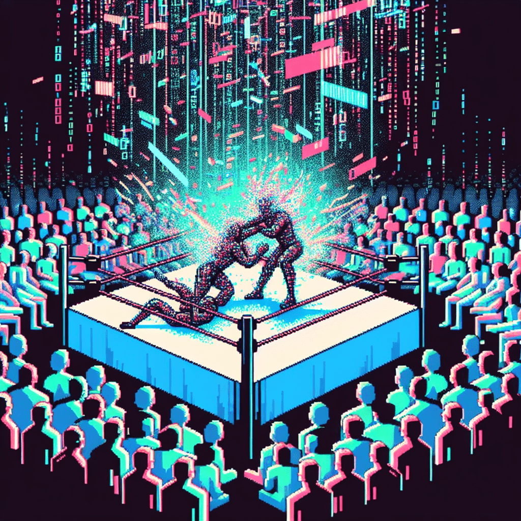 A pixelated wrestling ring surrounded by glitch-art spectators, with binary code raining down like confetti. Two fighters, distorted and fragmented, clash in the center, their forms bleeding into ASCII characters. The vibe is retro-digital, chaotic, with neon outlines and a sense of staged drama.