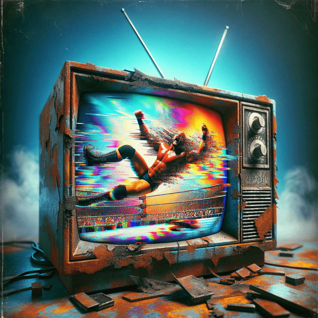 A rusted and cracked television from the 1990s. The CRT screen displays a heavily distorted, datamoshed image of a professional wrestler mid-air. The colors are bleeding and glitching into pure static at the edges. The word 'ROT' is burned into the screen like phosphor ghosting.