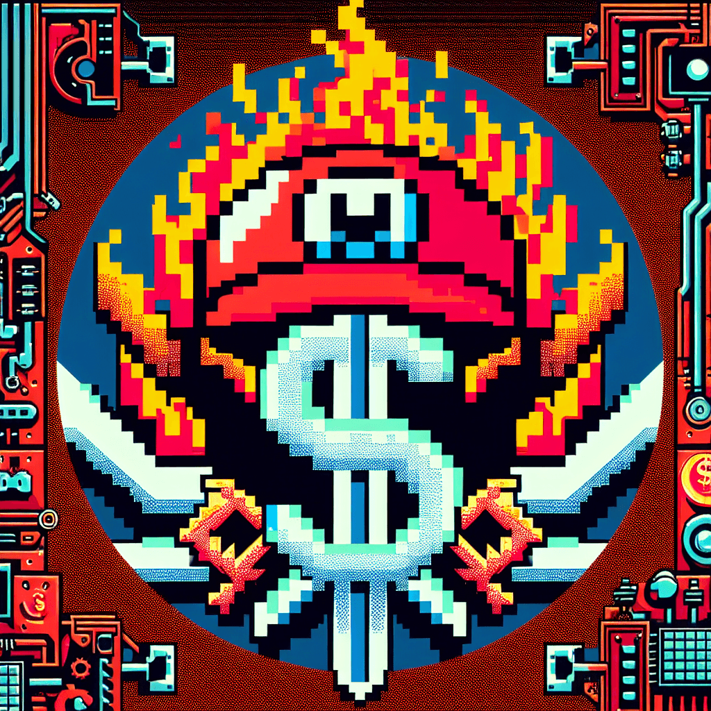 A sigil in the style of retro video game sprites and arcane symbols. It depicts a stylized, pixelated Mario hat with flames erupting from it, entwined with a digital circuit pattern and a '$' symbol that is melting. The overall aesthetic is glitchy, vibrant, and evokes a sense of chaotic energy and nostalgic digital rebellion.
