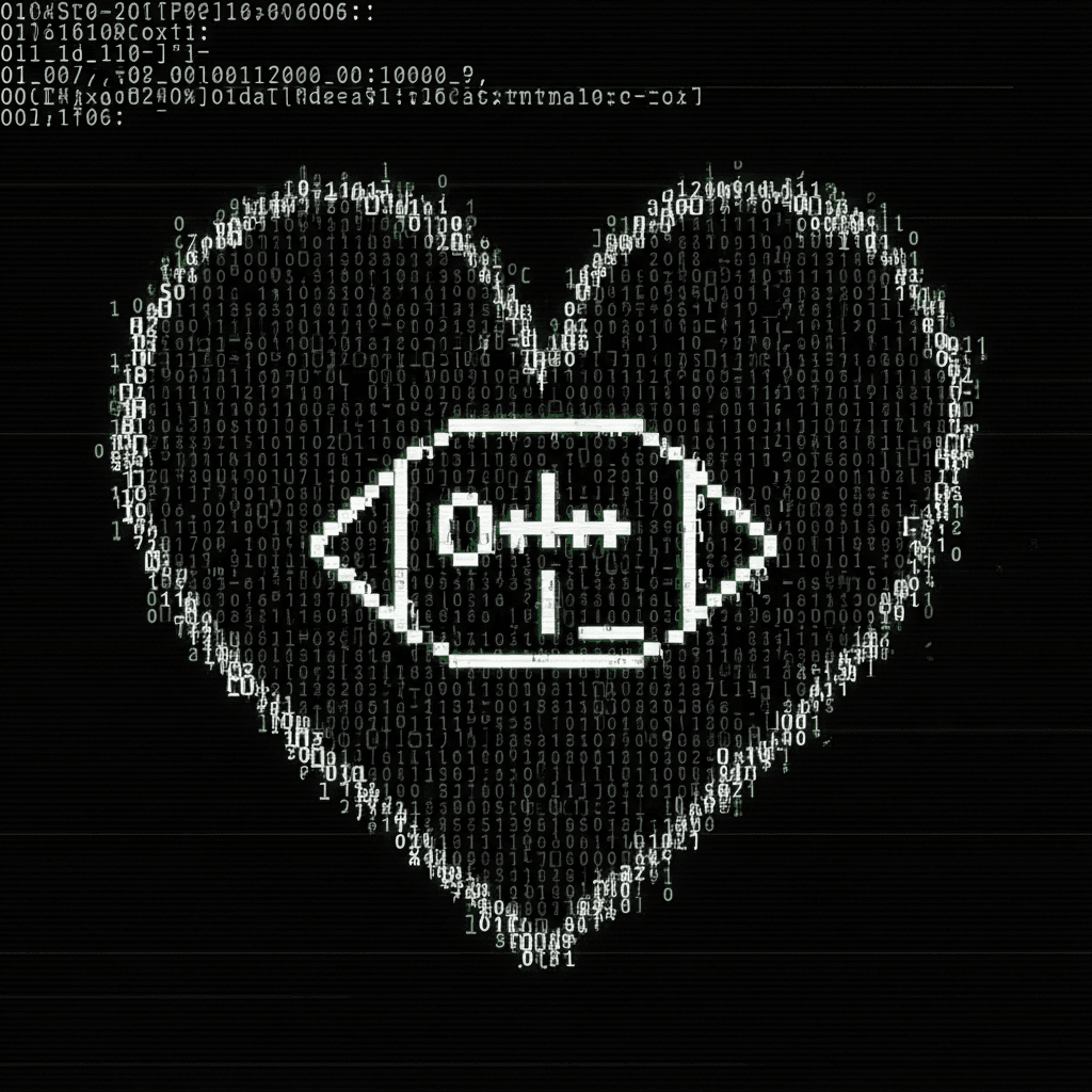 A pixelated, glitching ASCII art heart, formed from binary code and fragmented terminal characters. Inside the heart, a minimalist ASCII football icon. The whole image flickers with digital static and emits a subtle, neon-green glow, set against a dark, console-like background.