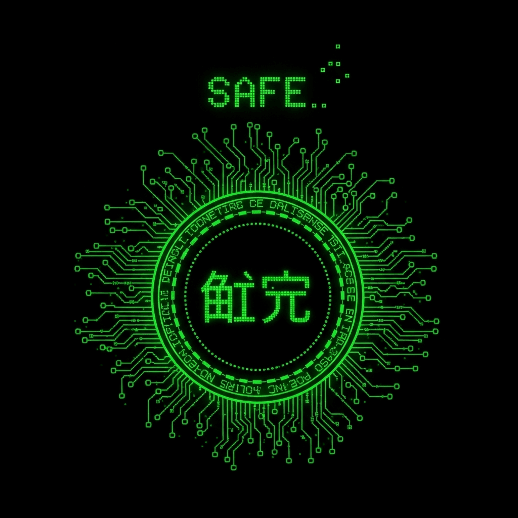 Retro-futuristic ASCII art of a circular coin with ๅธๅฎ characters glowing in the center, surrounded by cryptic digital patterns and circuit-like pathways, with 'SAFE' text appearing to float above it, all rendered in green terminal text on black background