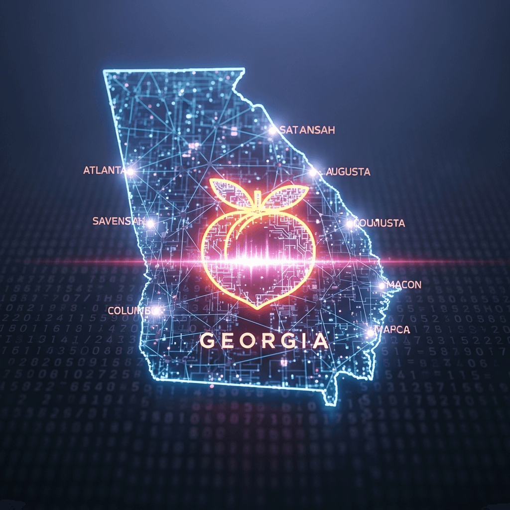 An abstract, cyberpunk-style representation of the state of Georgia, with glowing network lines connecting major cities. A digital peach symbol is central, pulsating with energy. In the background, faint ASCII characters form a subtle pattern. The overall tone is mysterious and technologically advanced.