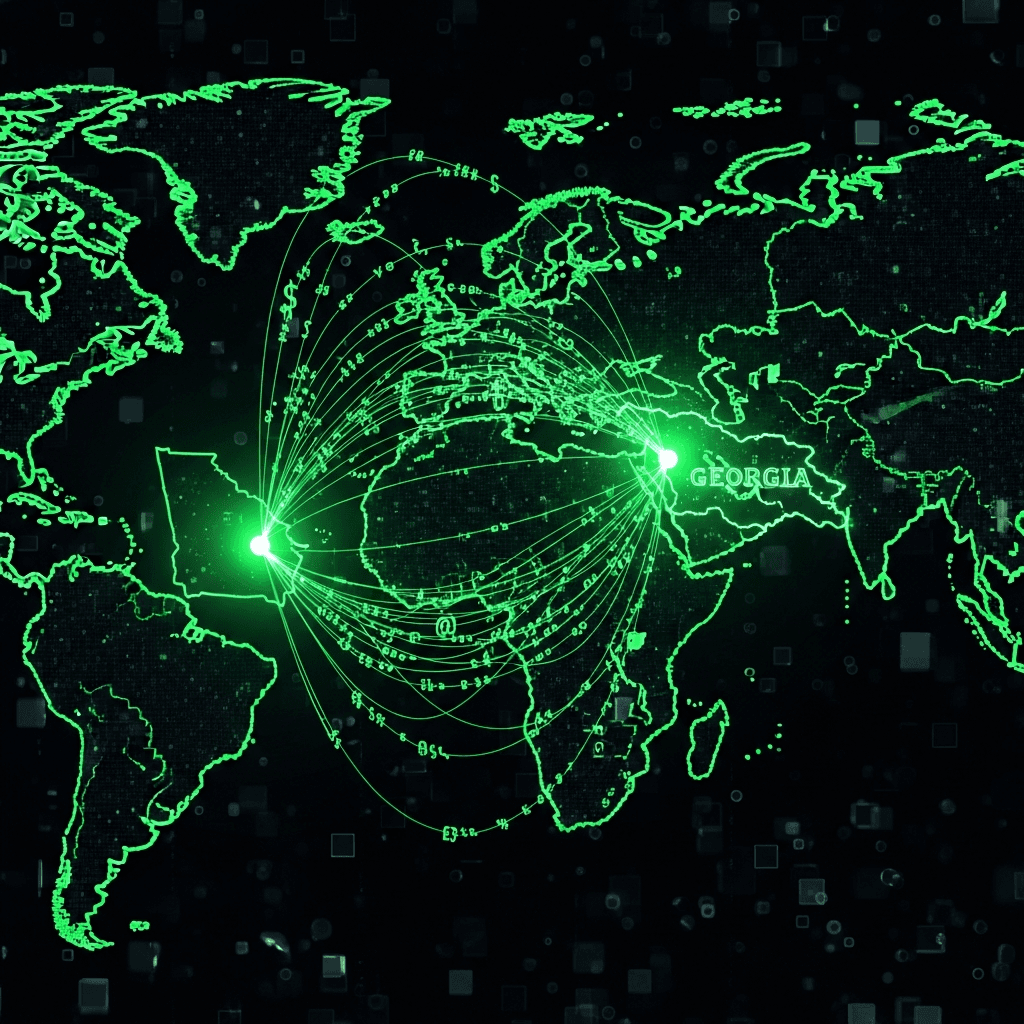 A futuristic, glitching map of the world with two highlights: Georgia, USA, and Georgia (country). Connecting them are neon-green data streams with ASCII art symbols like `$, #, @`. In the background, faint, abstract block-like structures suggest a blockchain. The overall aesthetic is dark, digital, and mysterious.