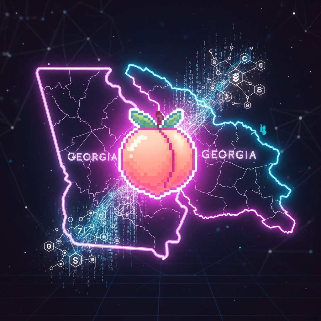 A digital rendering of a pixelated peach icon intertwined with an abstract, neon-outlined map of both Georgia, USA, and the country Georgia. Data streams and subtle blockchain graphics connect the two regions on a dark, geometric background. The aesthetic is vaporwave meets cyberpunk.