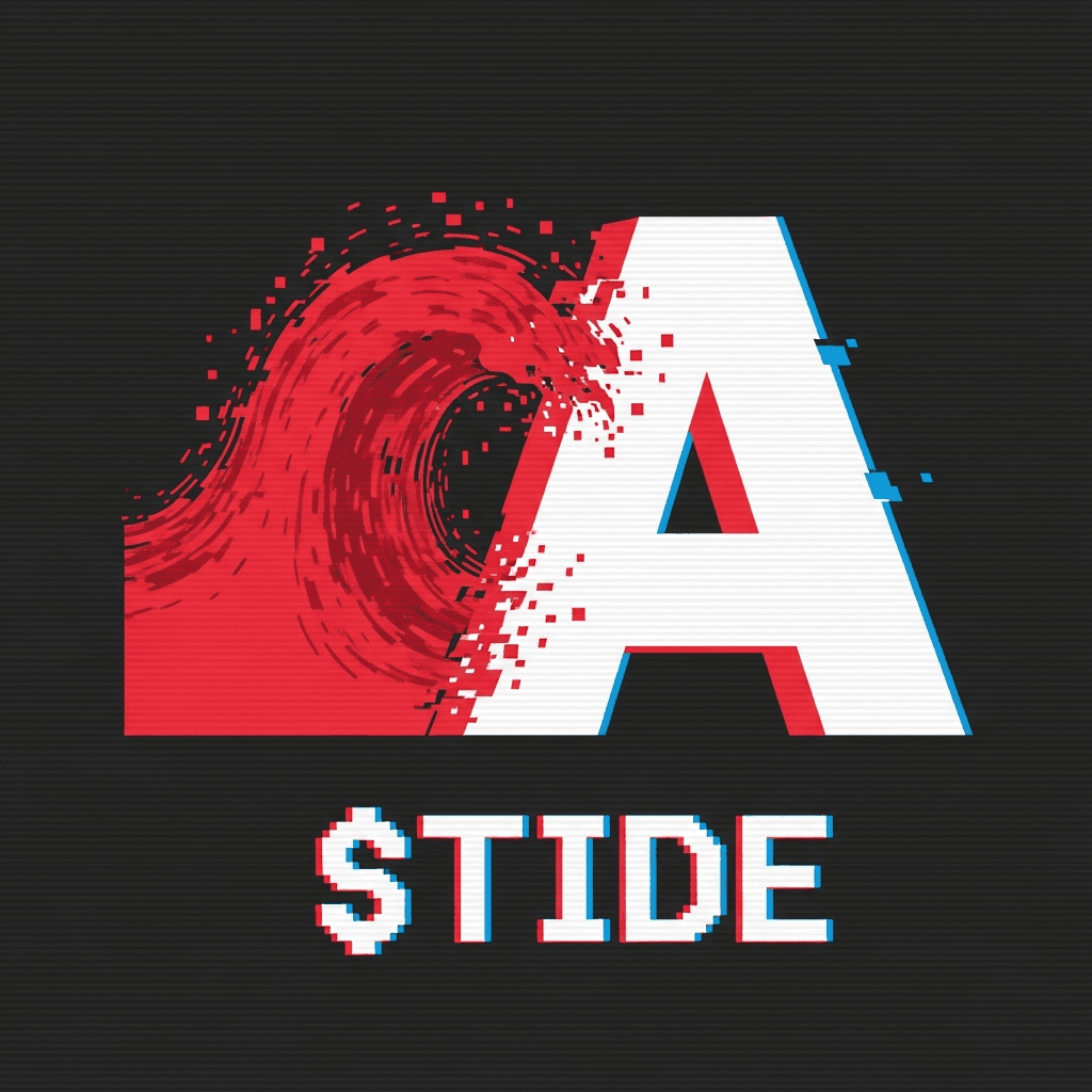 A logo for a cryptocurrency called TIDE. A crimson red wave, stylized like a glitching digital signal, crashes against a stark white, monolithic letter 'A'. The entire image has a retro, CRT screen effect with scanlines and slight pixelation. The text '$TIDE' is below in a blocky, 8-bit font.