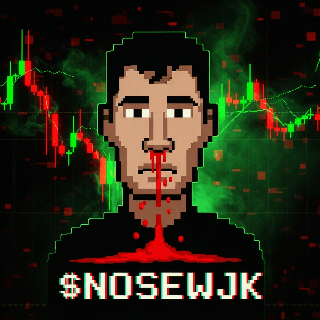 A pixelated Wojak character with a visible pixelated nosebleed, styled in classic ASCII art. The nosebleed drips down to form the '$NOSEWJK' symbol. Background is a distorted, glitching crypto chart in shades of red and green, emitting faint, ethereal vapor. Retro, terminal-like aesthetic with a subtle 'stank' green hue.