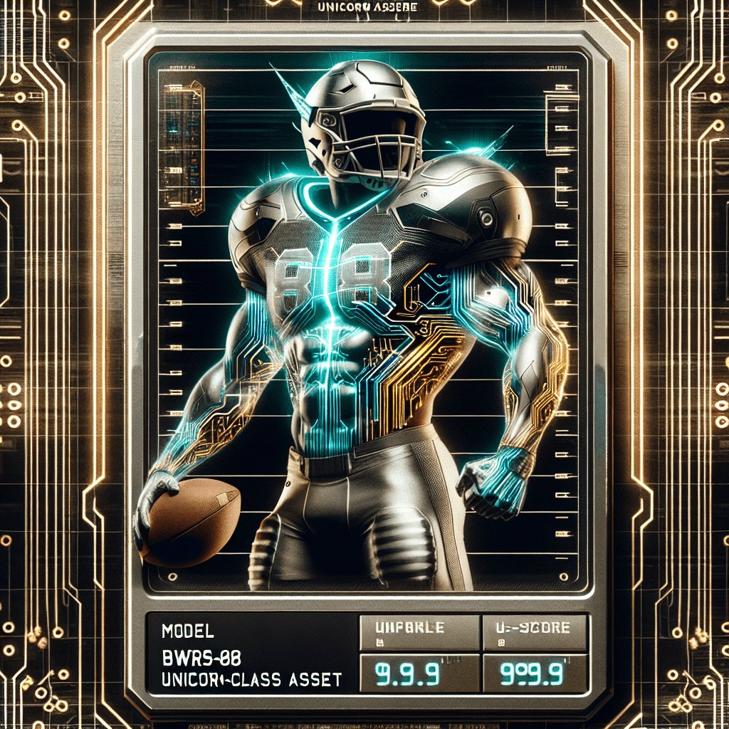 A futuristic NFL trading card for Brock Bowers, styled like a high-end microprocessor chip. Intricate gold and silver circuits trace the lines of a football field on the card. The player's photo is a hologram projecting from the center. Text on the card reads 'MODEL: BWRS-88', 'UNICORN-CLASS ASSET', 'Q-SCORE: 99.9'. The background is a glitchy, cyberpunk aesthetic with lines of code scrolling rapidly.