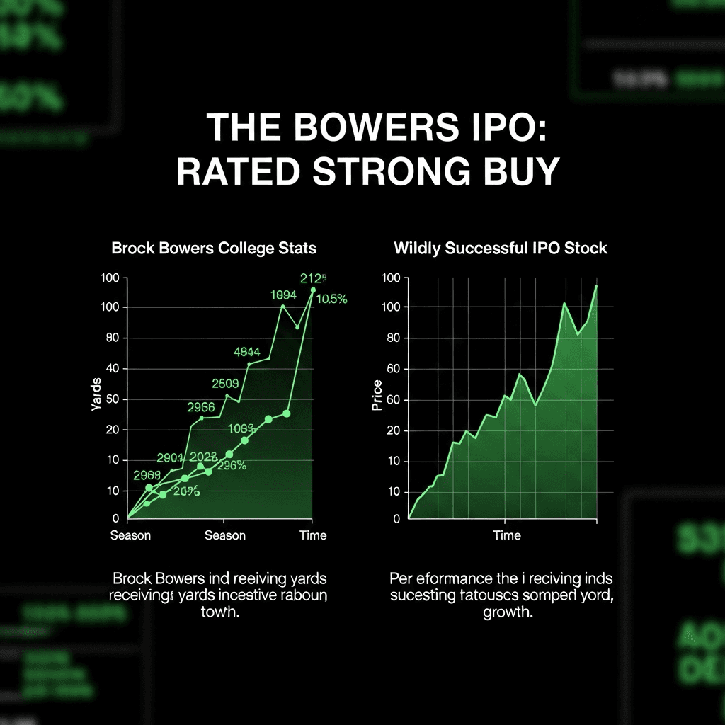 An infographic comparing Brock Bowers's college stats to the price chart of a wildly successful IPO stock. Both charts show a steep, parabolic upward trajectory. The headline reads 'THE BOWERS IPO: RATED STRONG BUY'. The style is clean, sharp, like a Bloomberg Terminal screen.