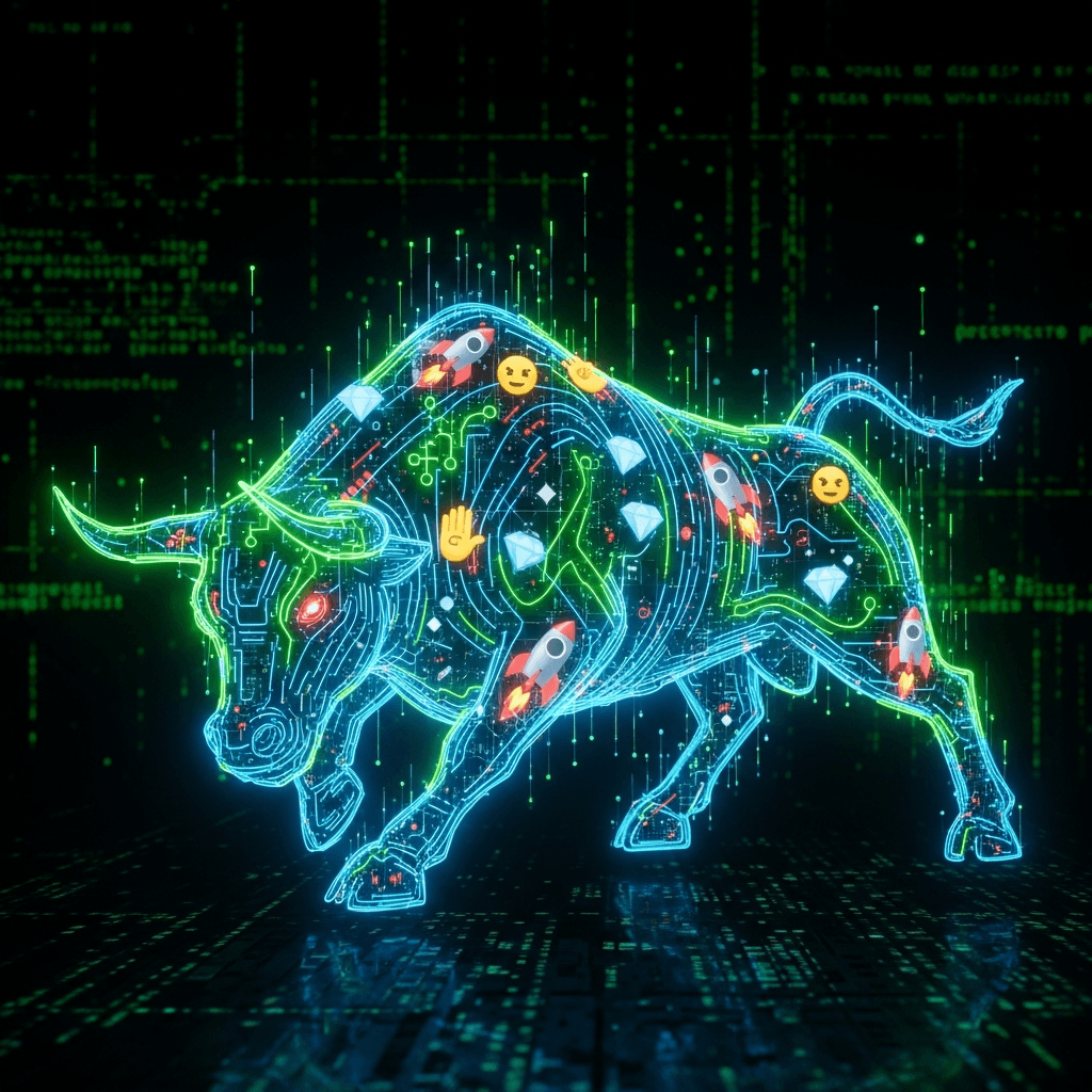 An abstract, glowing, neon data stream in the shape of a charging bull, constructed from interconnected lines of code and glowing memetic symbols (rocket emojis, diamond hands). The background is a dark, glitchy terminal screen. Cyberpunk, high-tech, energetic.
