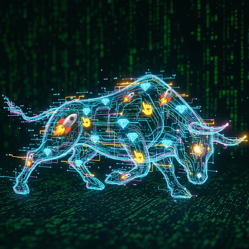 An abstract, glowing, neon data stream in the shape of a charging bull, constructed from interconnected lines of code and glowing memetic symbols (rocket emojis, diamond hands). The background is a dark, glitchy terminal screen. Cyberpunk, high-tech, energetic.