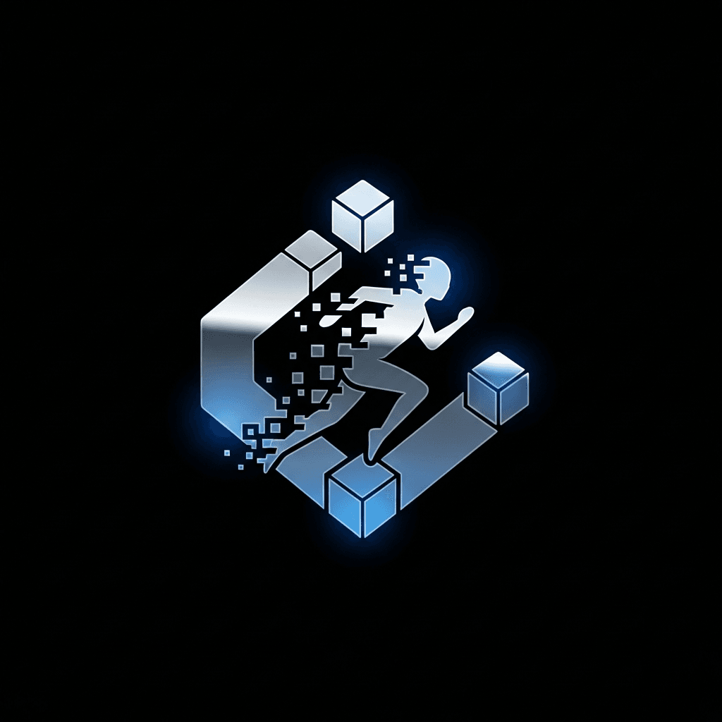 A minimalist, cryptographic sigil. A stylized human figure in motion, dissolving into a blockchain-like cube structure. The colors are a gradient of polished chrome to electric blue, on a stark black background. It feels like a high-tech corporate logo from the year 2049.