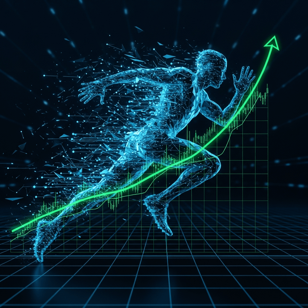 An abstract, cyberpunk image of an athlete's silhouette, fracturing into glowing blue data streams and network nodes. Overlaid is a transparent financial chart showing an exponential upward curve. The background is a dark grid. The aesthetic is sleek, digital, and analytical.