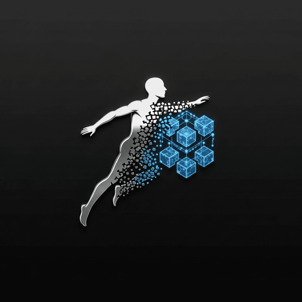 A minimalist, cryptographic sigil. A stylized human figure in motion, dissolving into a blockchain-like cube structure. The colors are a gradient of polished chrome to electric blue, on a stark black background. It feels like a high-tech corporate logo from the year 2049.