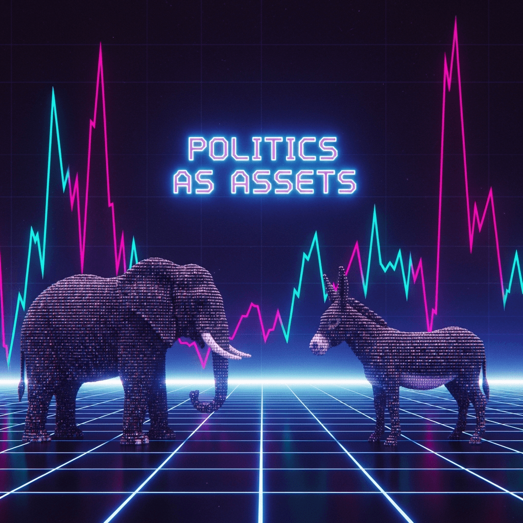Vaporwave aesthetic showing an elephant and donkey facing off in a digital arena, made entirely of ASCII characters. Stock market charts rise and fall in the background. Retro computer grid floor with glowing neon text saying 'POLITICS AS ASSETS' floating above
