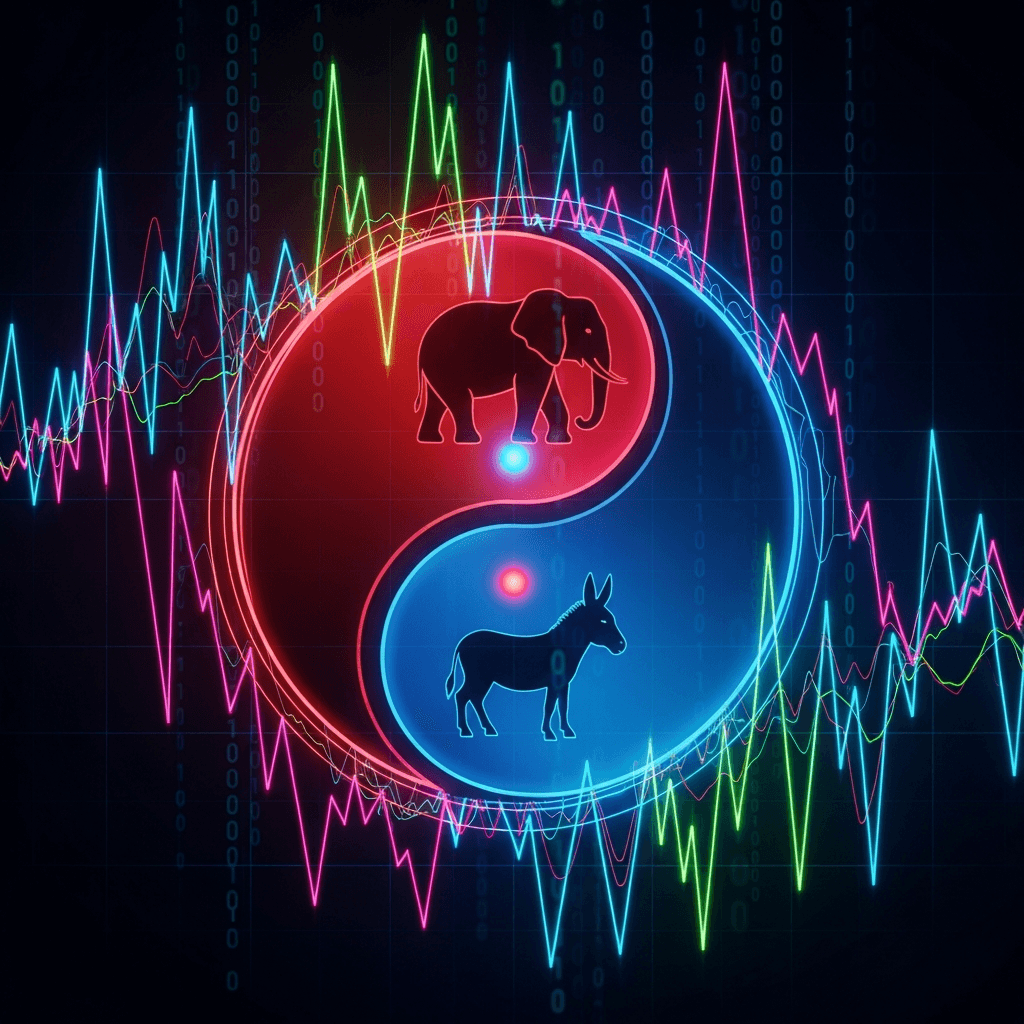 A circular yin-yang symbol where one half is red with an elephant silhouette and the other half is blue with a donkey silhouette, surrounded by digital graph lines showing price volatility, rendered in a glowing neon cyberpunk style with binary code in the background