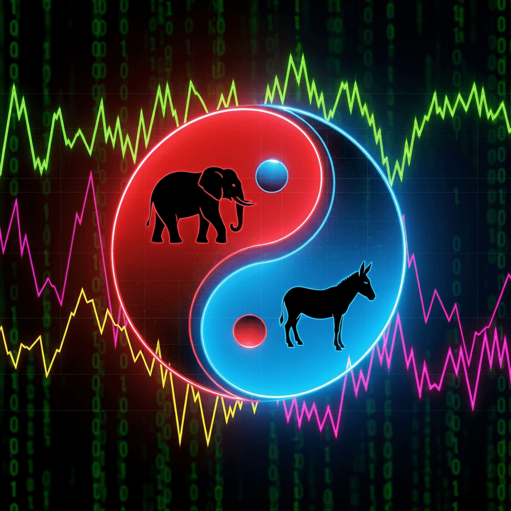 A circular yin-yang symbol where one half is red with an elephant silhouette and the other half is blue with a donkey silhouette, surrounded by digital graph lines showing price volatility, rendered in a glowing neon cyberpunk style with binary code in the background