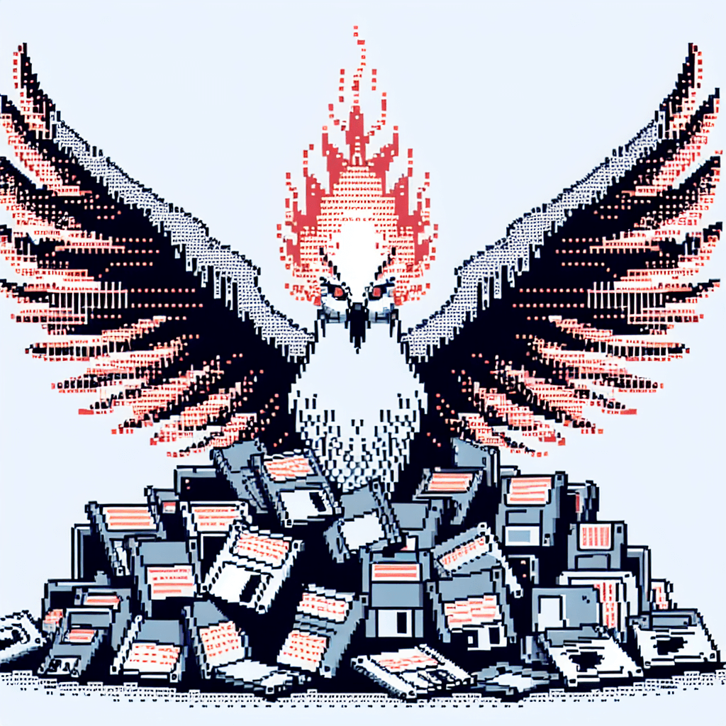 An intricate ASCII art depiction of a pixelated, glitched-out phoenix rising from a pile of discarded floppy disks and broken CRT monitors. The phoenix's wings are made of flowing binary code, and its eyes glow with an ominous red LED light. The overall aesthetic should be reminiscent of late 90s/early 2000s internet art and terminal graffiti.
