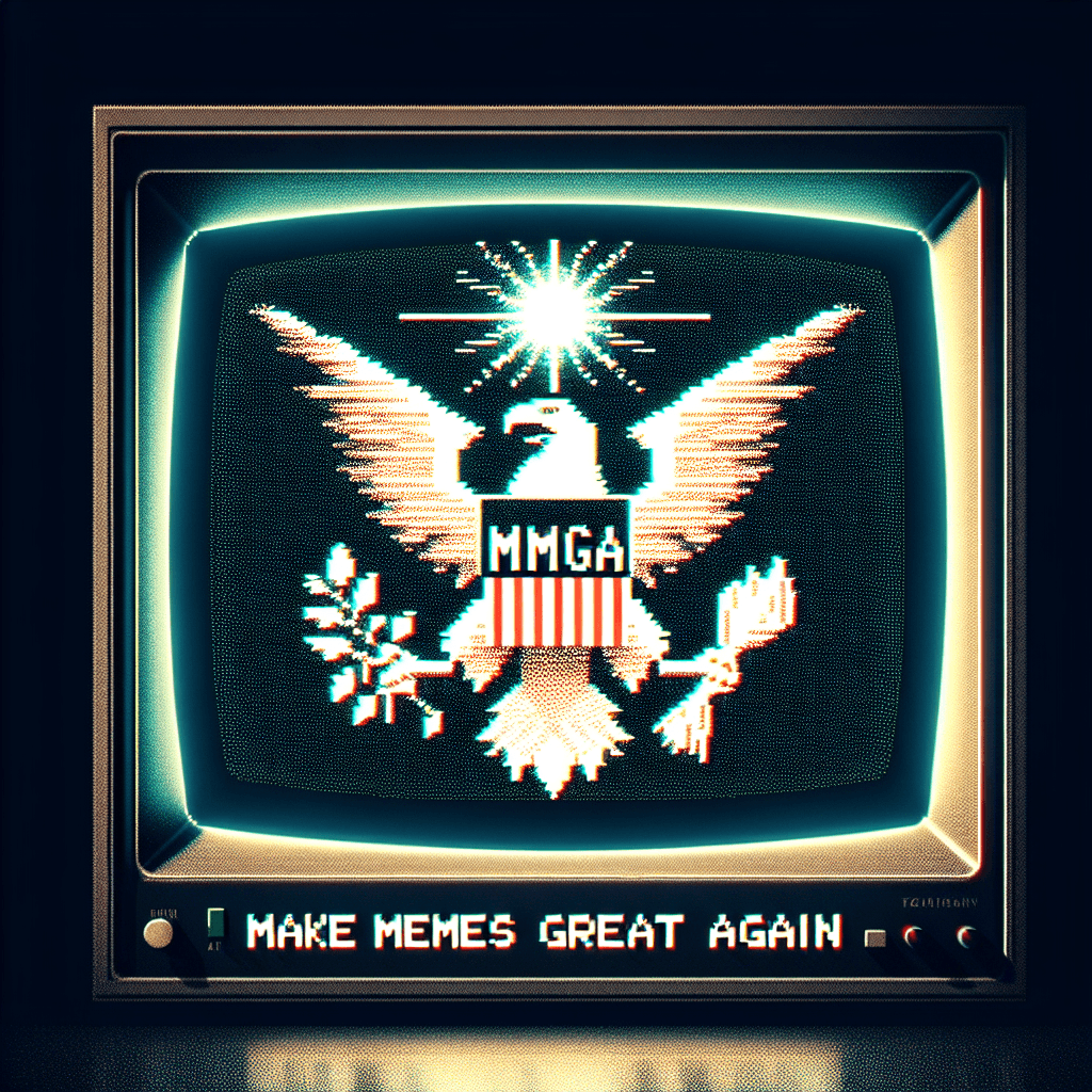 A vintage, pixelated computer screen displaying the MMGA logo: a cracked, glowing orb with the letters MMGA inside, surrounded by glitching, retro ASCII art of a triumphant eagle or a lion, with the text 'MAKE MEMES GREAT AGAIN' in a classic pixel font below.