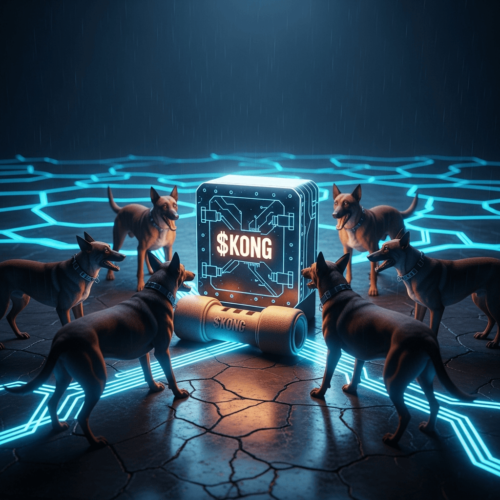 A rugged, indestructible chew toy shaped like a glowing vault, engraved with '$KONG' in bold cybernetic font. Surrounded by a pack of fierce Belgian Malinois dogs guarding it in a dystopian blockchain landscape. Neon-blue circuitry lines pulse through the ground. Dark, cinematic, and intense.