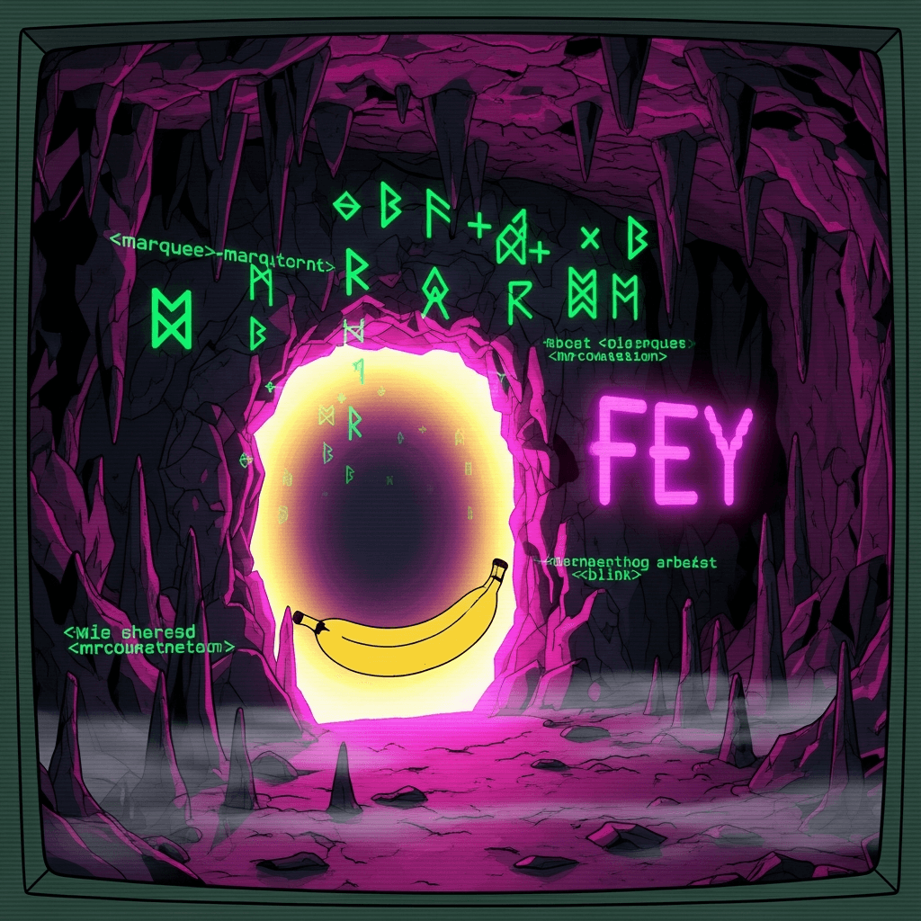 Vaporwave cyber-fairy portal in a retro terminal cave: neon magenta and terminal green colorway, ASCII runes floating, banana-yellow aura, CRT scanlines, old-web elements like <marquee> and <blink> hovering, graffiti text 'FEY' as a glowing sigil, high-energy degen sticker style, ultra crisp