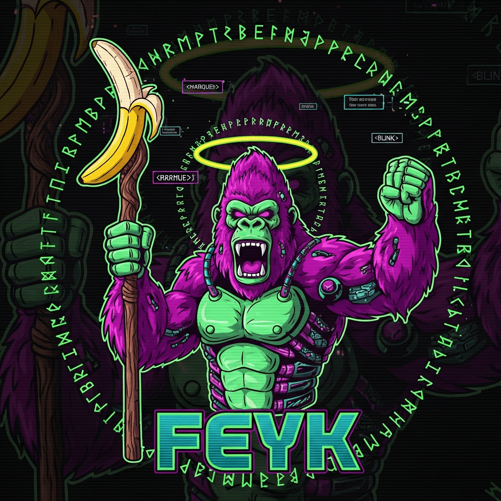 Neon cyber-fairy gorilla wizard with a banana staff, vaporwave magenta + terminal green palette, glitch halos, CRT scanlines, old-web UI elements <marquee> and <blink> floating, ASCII runes swirling, triumphant mascot pose, bold FEYK glyph, sticker-friendly logo lockup