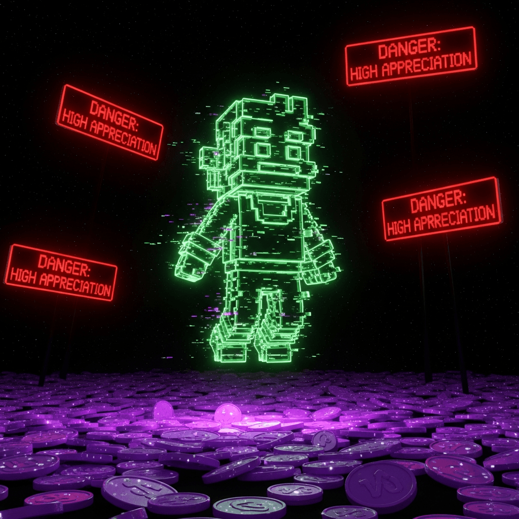A heavily glitched 8-bit character (resembling a classic platformer hero but made of pure neon green wireframe) levitating above a vast, shimmering sea of purple Solana native tokens. The background is a dark, starless void punctuated by flashing red warning signs ('DANGER: HIGH APPRECIATION'). The aesthetic should be Cyberpunk meets CGA color palette.