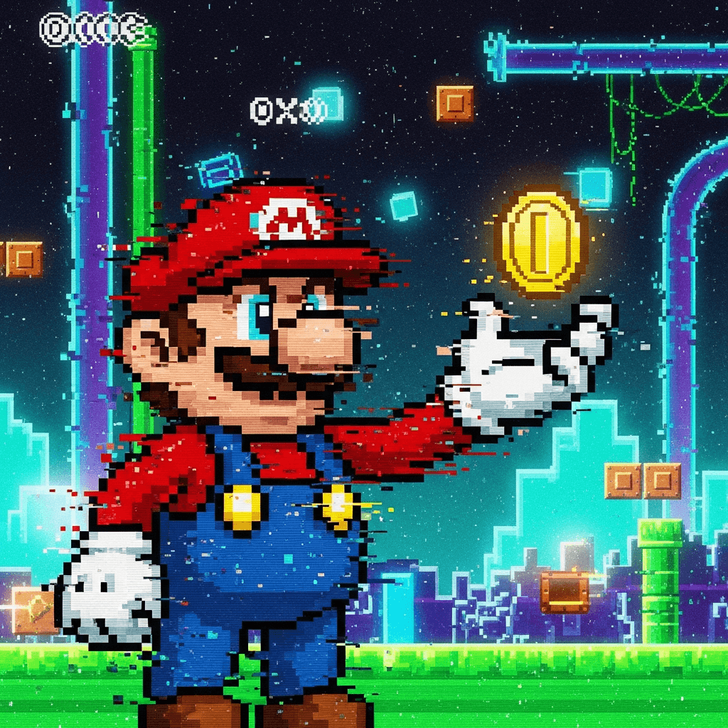 An 8-bit, pixel-art plumber character, heavily glitched and fragmented, with parts of his body appearing to 'wobble' or shift like static. He's holding a golden, similarly glitched coin. Background is a distorted, neon-colored digital landscape with floating blocks and tubes, reminiscent of classic video games but with a clear error/corruption aesthetic.