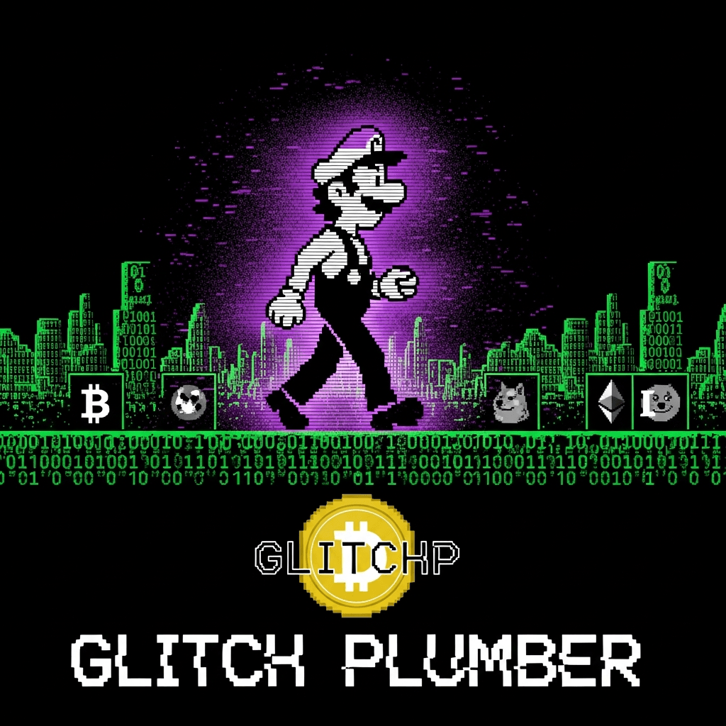 An ASCII-art style image of a glitched, pixelated plumber character, half-rendered, walking across a landscape made of binary code and crypto symbols. The character has an aura of digital static and purple/green distortion. Below him, the text 'GLITCH PLUMBER' appears in a broken, retro font, with the 'GLITCHP' symbol hovering like a coin.