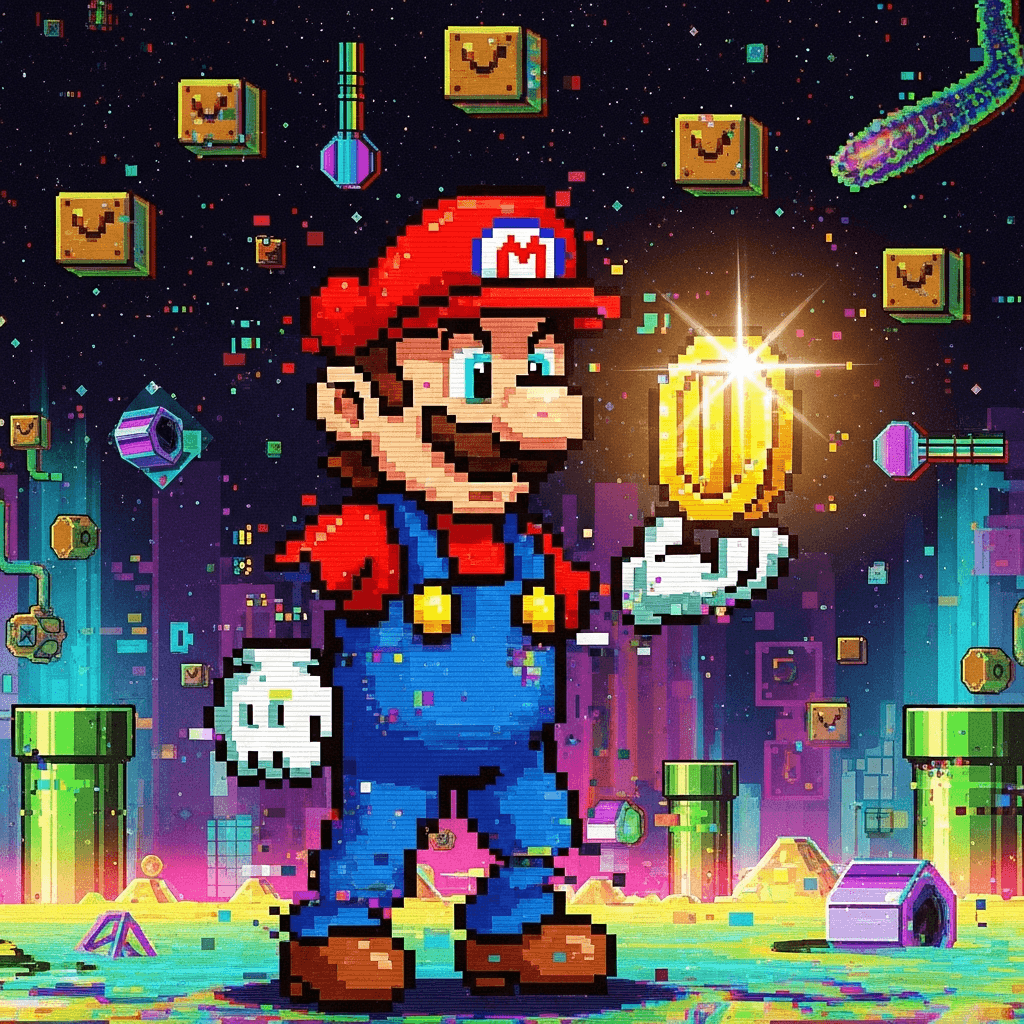 An 8-bit, pixel-art plumber character, heavily glitched and fragmented, with parts of his body appearing to 'wobble' or shift like static. He's holding a golden, similarly glitched coin. Background is a distorted, neon-colored digital landscape with floating blocks and tubes, reminiscent of classic video games but with a clear error/corruption aesthetic.