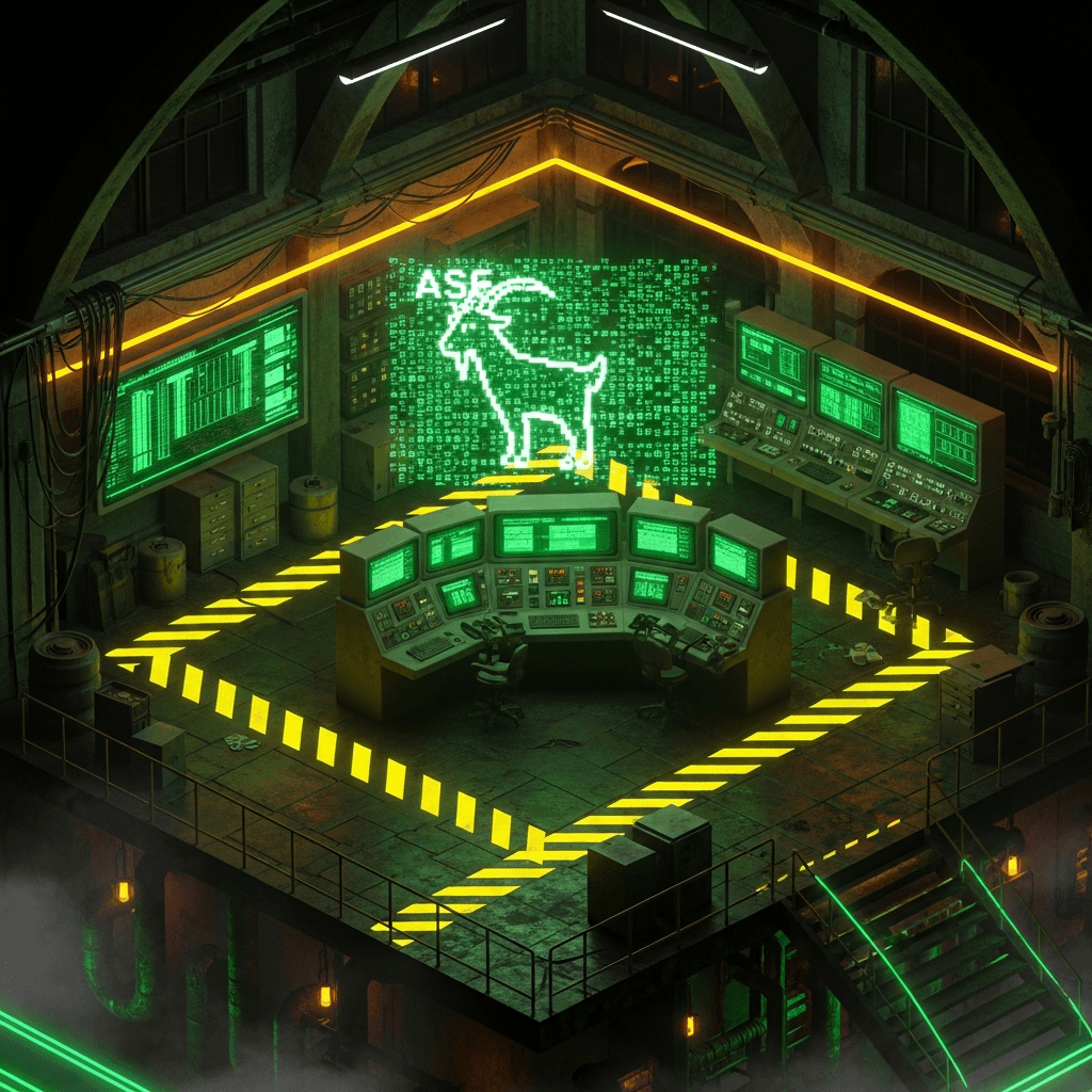 Isometric industrial control room at night with neon hazard stripes and a holographic ASCII goat sigil hovering over a retro CRT console; green phosphor glow, vaporwave smog, gritty textures, high-contrast black-yellow-green palette, stylized glitch scanlines, cyberpunk factory cathedral vibes.