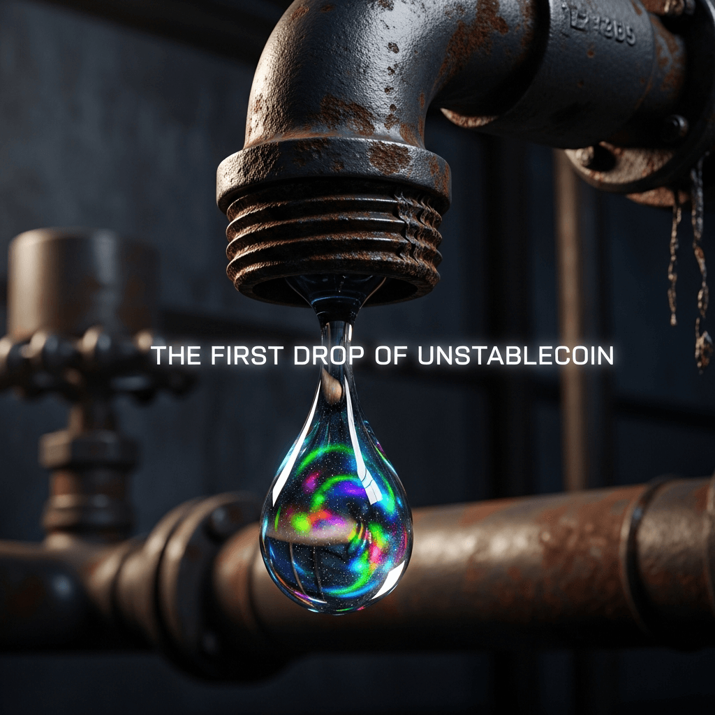 A macro shot of a single drop of iridescent, shimmering liquid hanging from the tip of a corroded metal faucet. The drop contains a swirling galaxy of neon greens and purples. The background is dark and industrial. The image feels like a dangerous, forbidden substance is about to be unleashed. Title: 'The First Drop of UnstableCoin'.