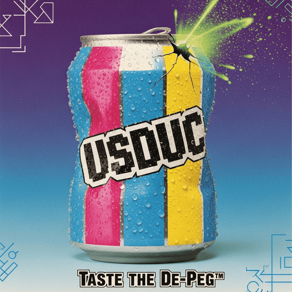 A retro, 1980s-style magazine advertisement for a beverage can. The can is labeled 'USDUC' in a pixelated font. The can is sweating condensation and appears to be buckling under immense internal pressure. A small crack has formed, spraying a glowing green mist. The tagline at the bottom reads: 'Taste the De-Peg™'.