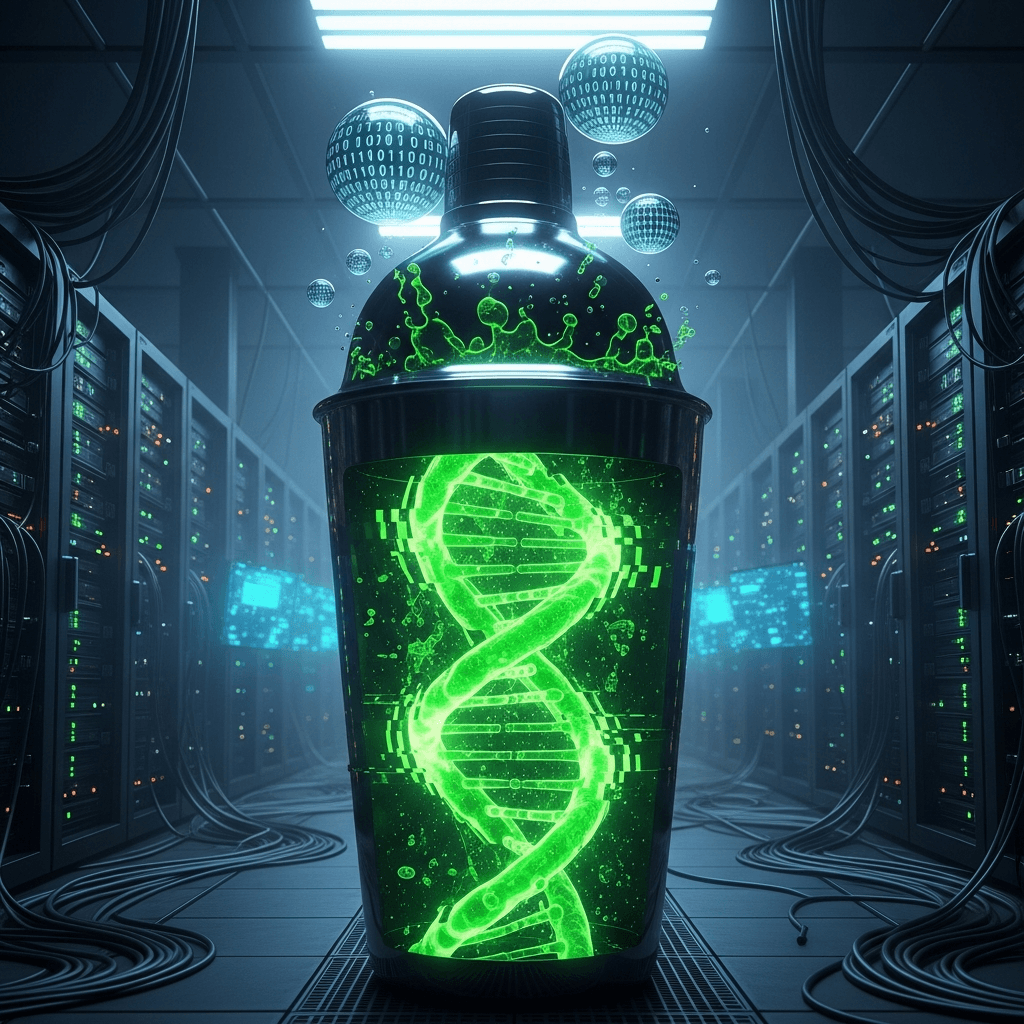 A glowing, neon green DNA helix made of liquid, suspended in a gigantic, industrial-sized cocktail shaker. The background is a dark, gritty server farm. The liquid helix is visibly glitching and mutating, with bubbles of binary code rising to the surface.